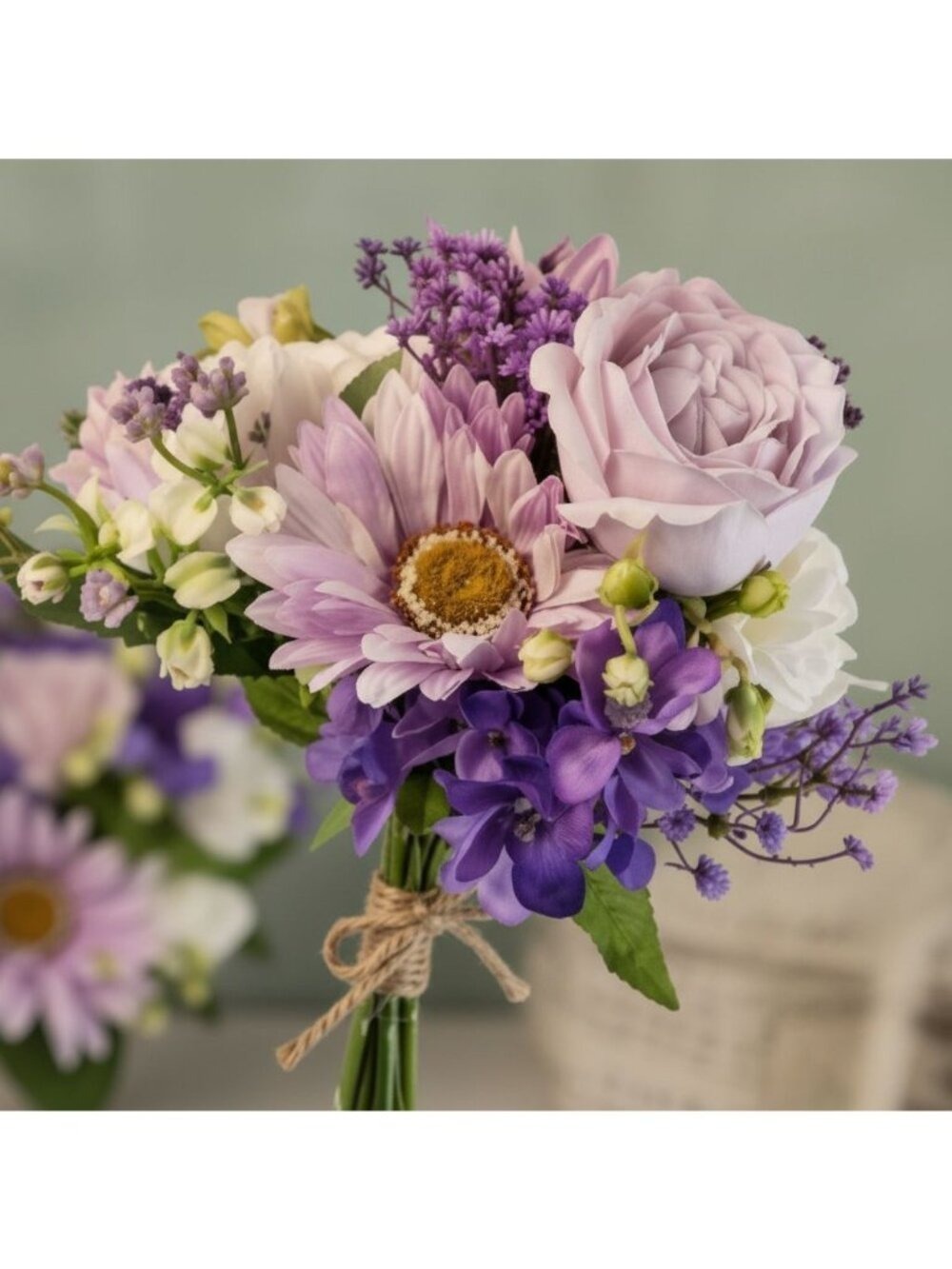 Lavender Purple Artificial Bouquet Real Touch Roses Gerbera Daisy Wedding Bouque - Picture 3 of 10